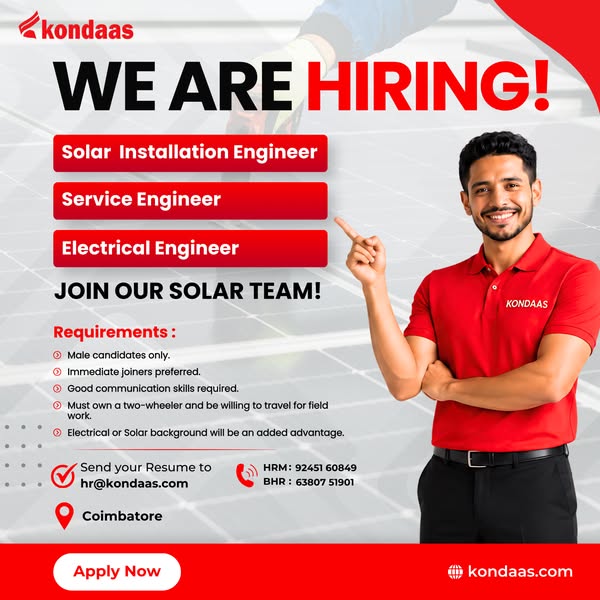 Job Openings at Kondaas – Solar Installation Engineer, Service Engineer, Electrical Engineer